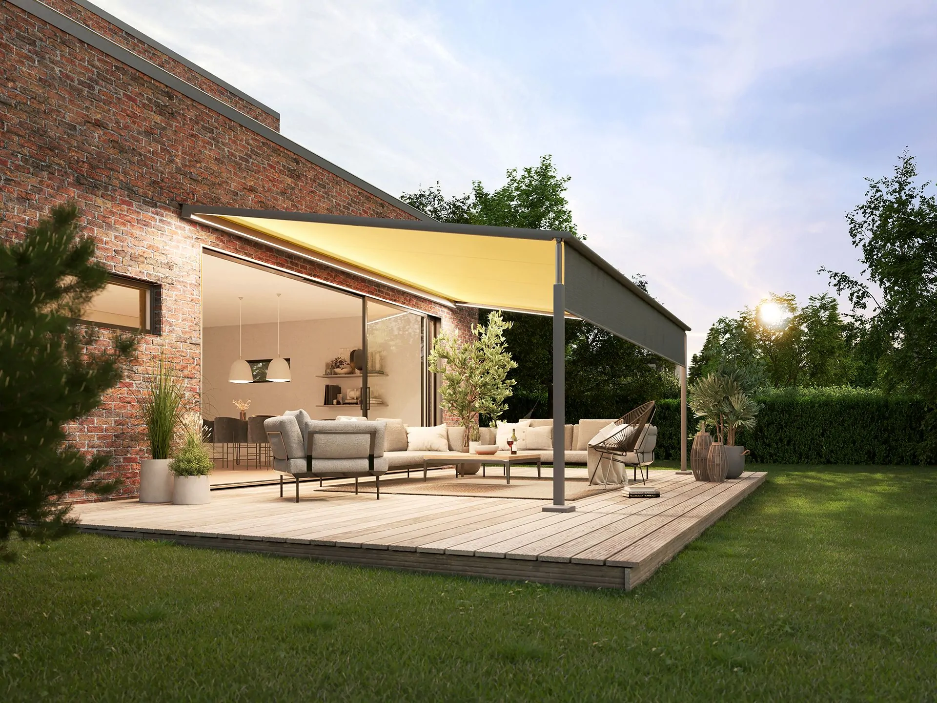 Extended MX Pergola Compact awning with shadeplus and led lines